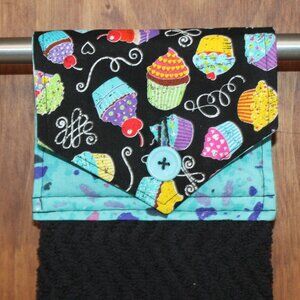 CUPCAKE HAND TOWEL BLACK & TEAL BLUE KITCHEN TOWEL HANDMADE HANGING COTTON TOWEL